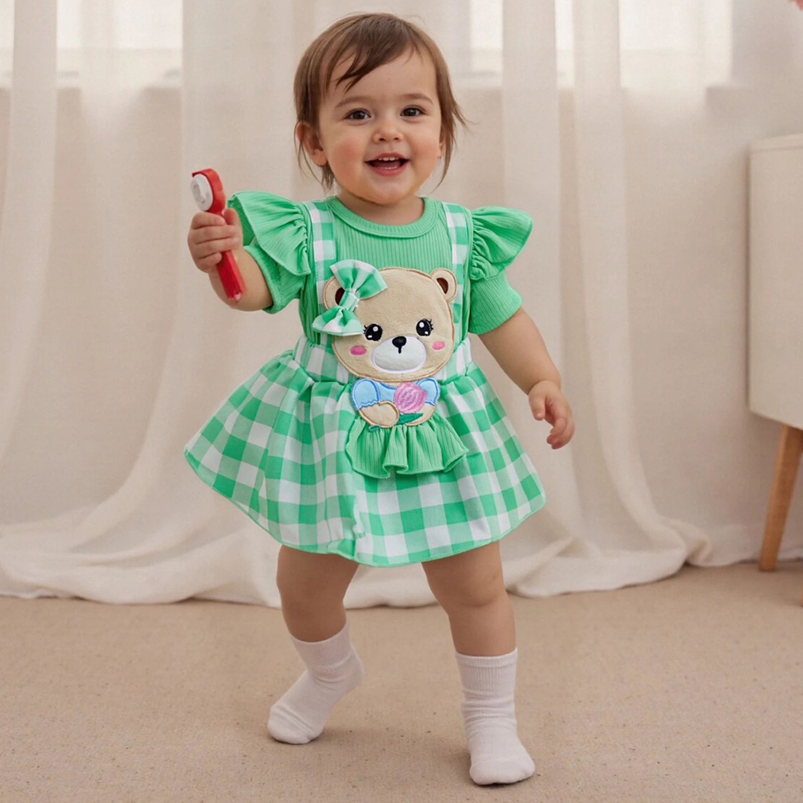 Cute Baby Girl Bodysuits Outfit Bear Embroidery Plaid Short Sleeve Patchwork Romper Dress Bow Headband 2 Piece Set Costume