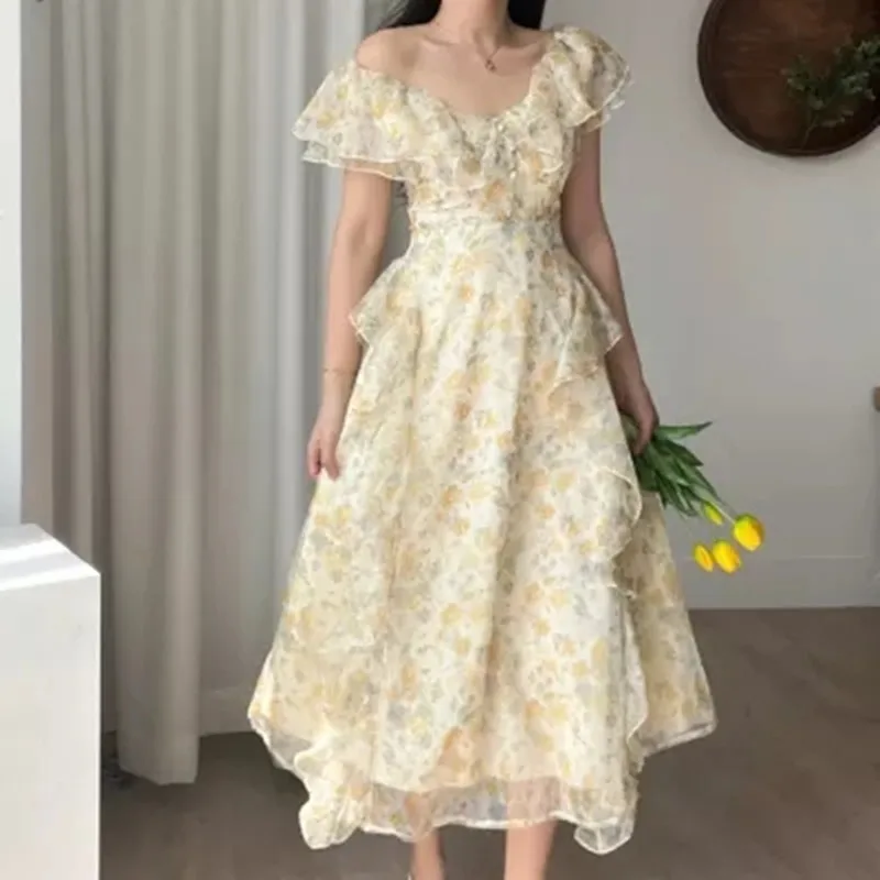 Summer Elegant Vintage Chiffon Floral Dress 2022 Women Sexy V-Neck Flower Print Chic Seaside Holiday Beach Long Dress