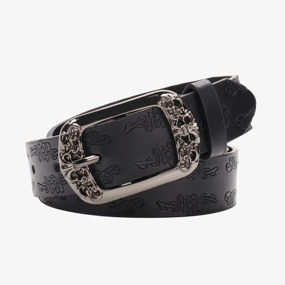 Alloy Pin Buckle Embossed PU Leather Belt Antique Metal Buckle Faux Leather Decorative Waist Strap Unisex Design Adjustable