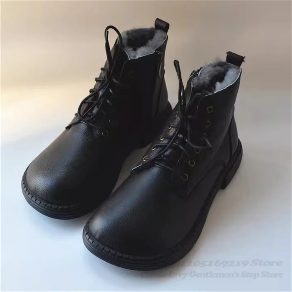 Men's Genuine Leather Pure Wool Wide Round Toe Snow Boot British Style Solid Color Handmade Large Cotton Warm Leather Boot