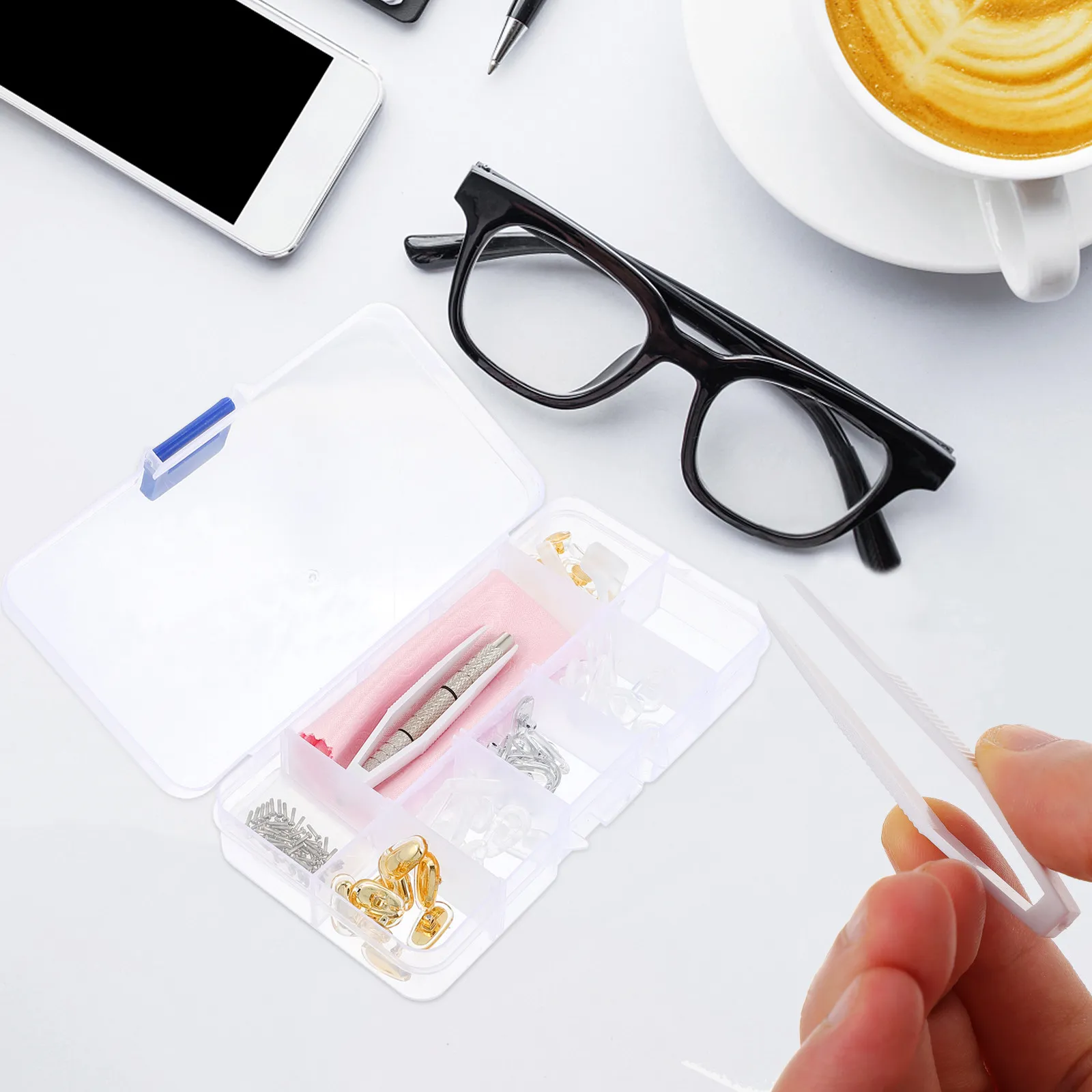 1Set Eyeglasses Repair Kit Featuring Premium Silicone Nose Pads Assorted Screws Precision Tweezers Soft Cloth Rotating Head