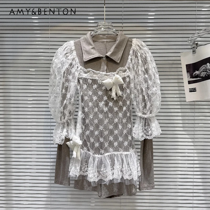 

2026 Spring Women's Shirt Two-piece Sets Fashion Bow Lace Hollow Out Mesh Top Temperament Long Sleeve Shirt Jumpsuit Suit Ladies