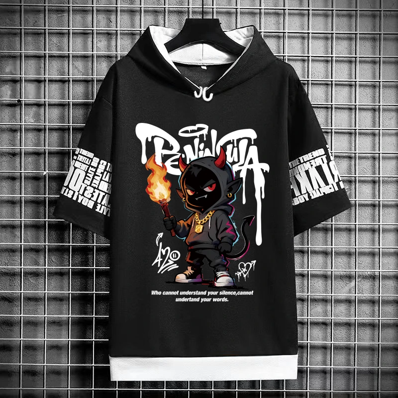Streetwear Trend Demon Graffiti Graphic Hooded T Shirts Summer Unisex Casual Short Sleeve Tee Tops for Men Women Harajuku