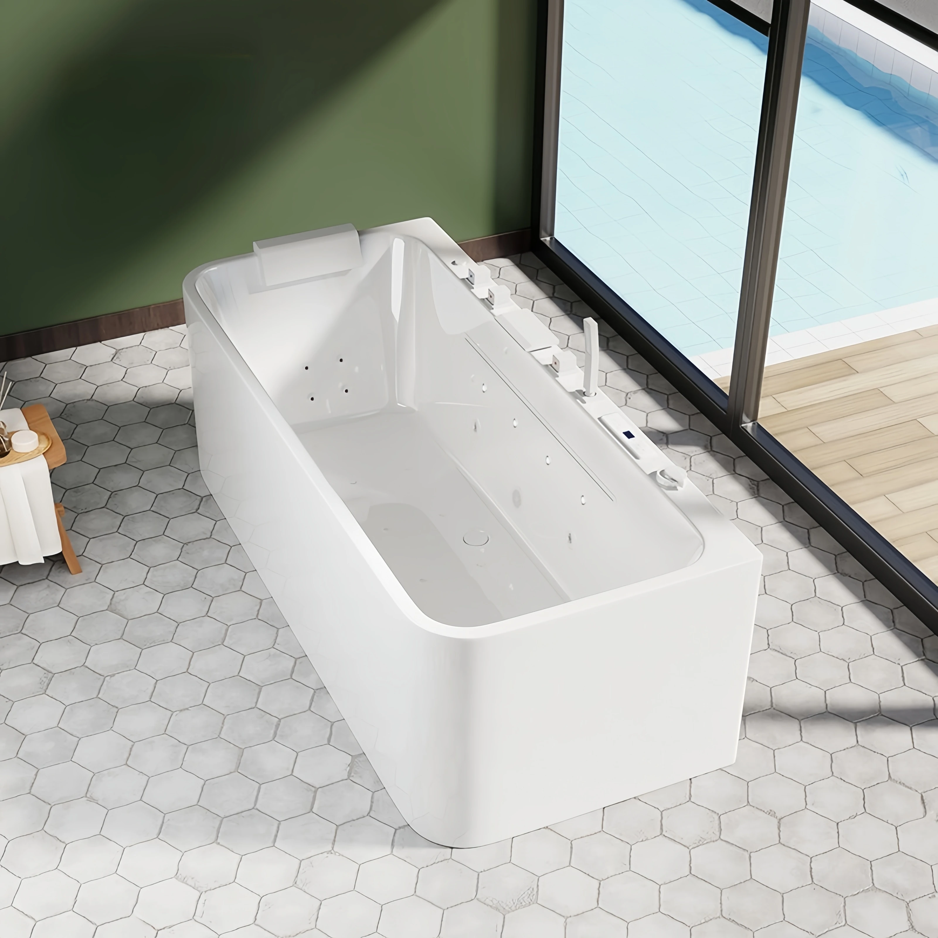 Modern White Freestanding Acrylic Hydro Massage Bathtub with LED Lights Waterfall Whirlpool Hotel & Villa Indoor Use Hot Tub