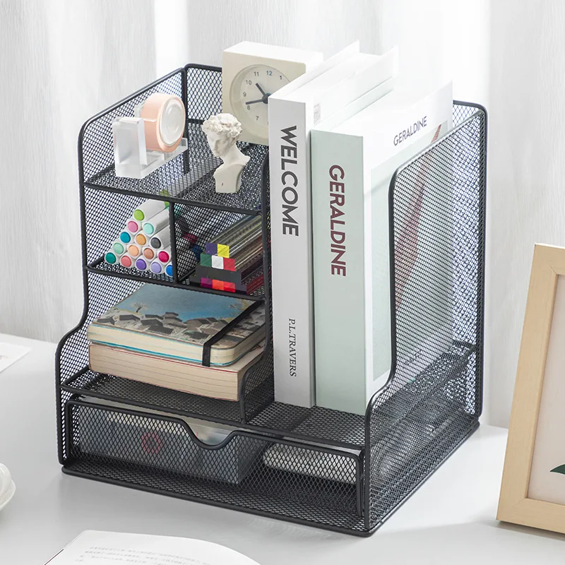 Mesh Desk Organizer With Drawer,Multi-Compartment Desktop File Organizer,Metal Mesh Desk Storage Shelf For Office Supplies
