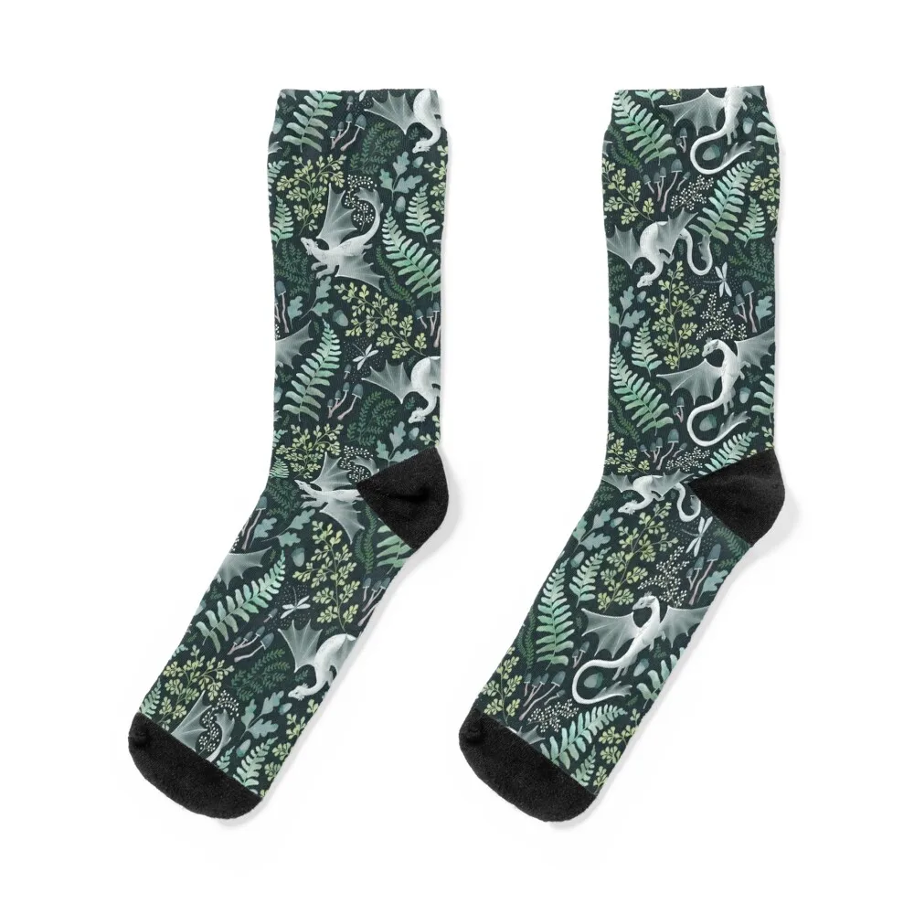 

Forest dragons in shades of green on a dark green background Socks floral set christmas gift Wholesale Mens Socks Women's