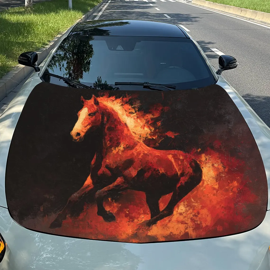 

Автомобильные наклейки Лошадь с динамическим, огненным художественным дизайном, демонстрирующим глибоким позом и создающим жирным, автомобильным капотом с Energetic Vibe.