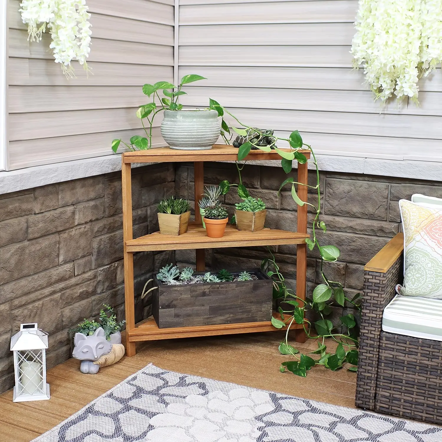 Wood 3-Tier Corner Plant Stand Shelves with Teak Oil Finish - Indoor/Outdoor Wooden Planter Furniture - Potted