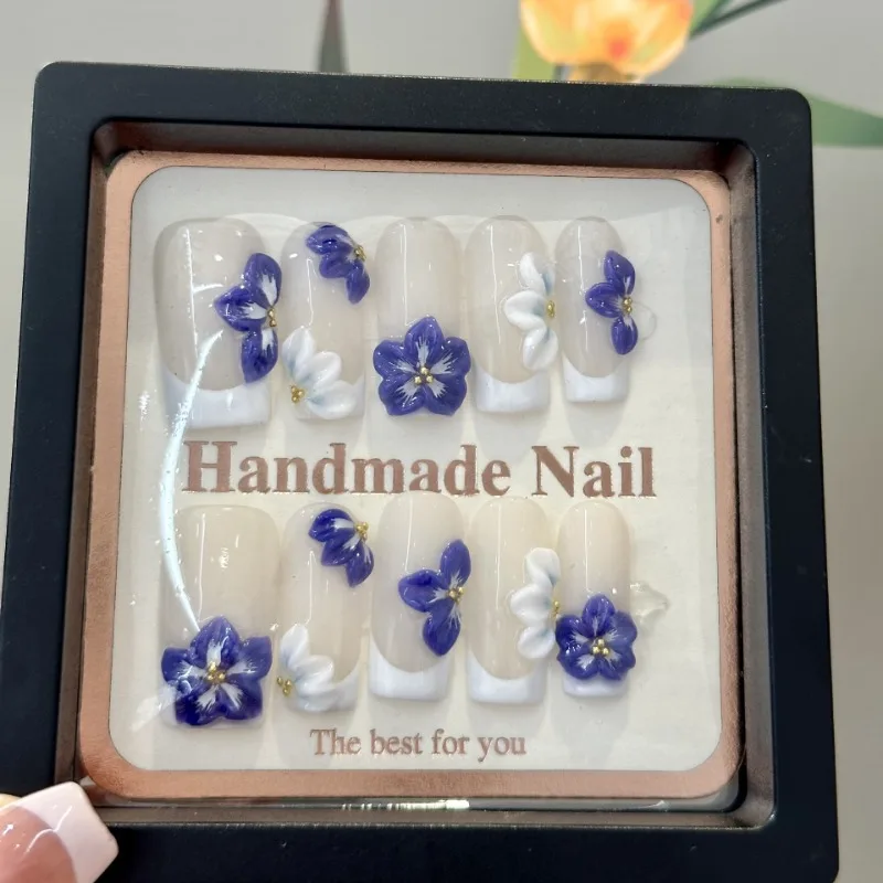 

10Pcs Mid-length White French Press on False Nails with Blue 3D Carving Flower Square Head Full Cover Summer Handmade Nail Tips