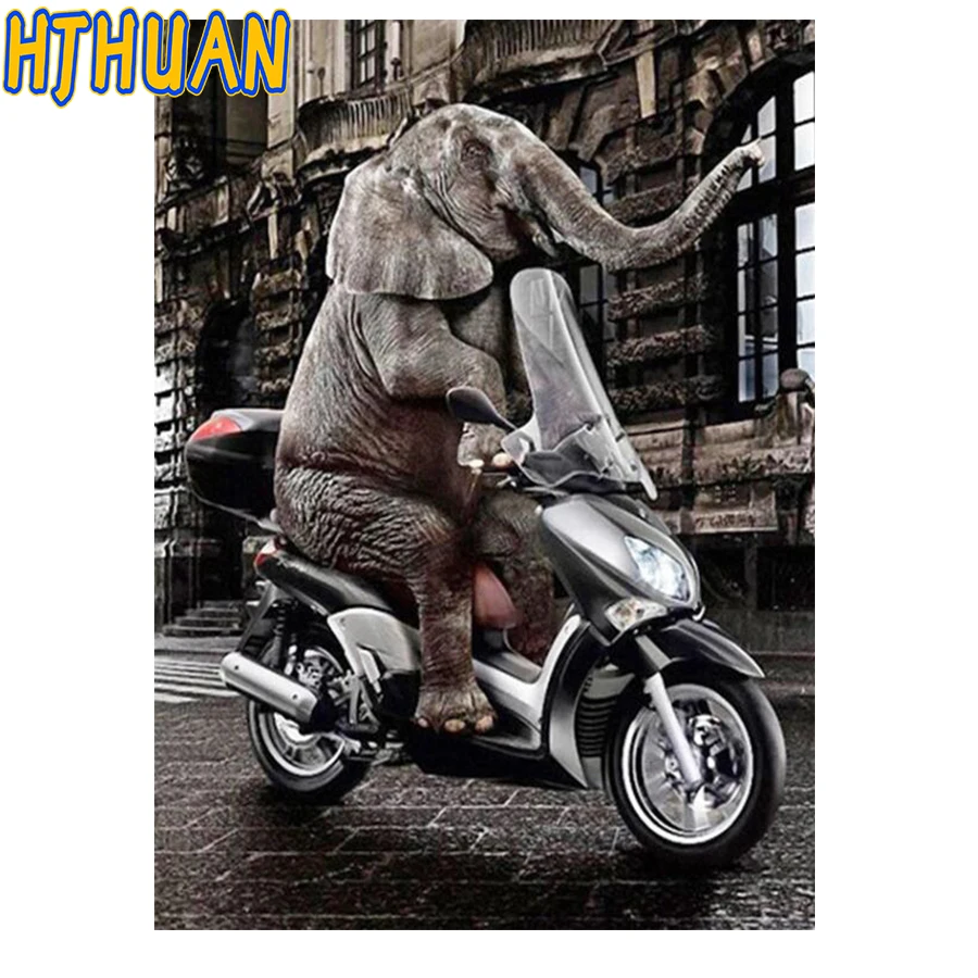 

Diamond Mosaic Embroidery Elephant sitting on a motorcycle Full Round Square Diamond Painting animal Handmade Needlework gift