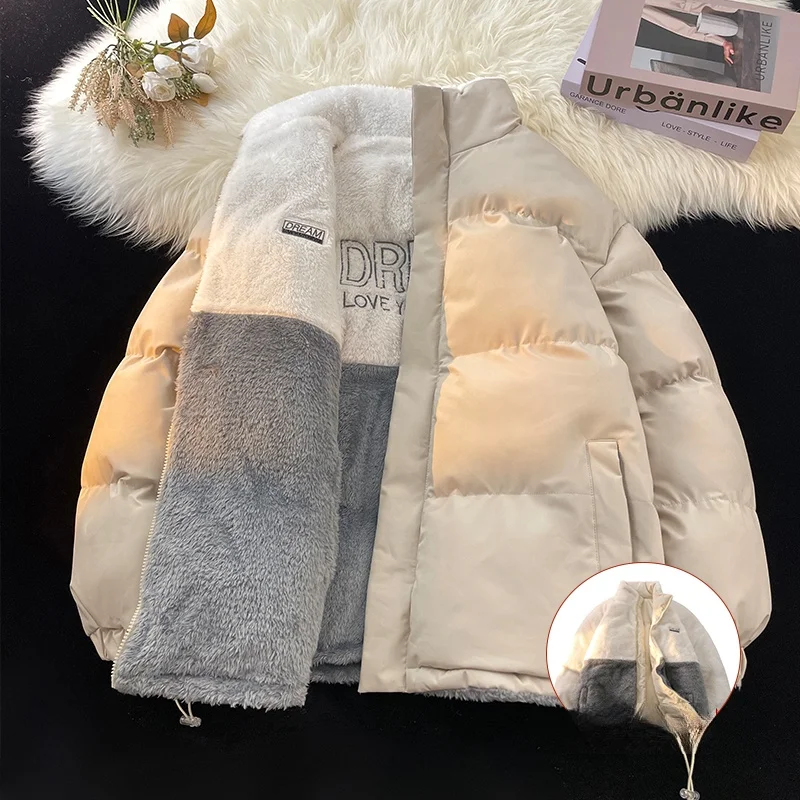 Reversible Winter Puffer Jacket Men Women Stand Collar Thick Fleece Lined Cotton Coat Oversized Loose Warm Parka Drawstring Hem