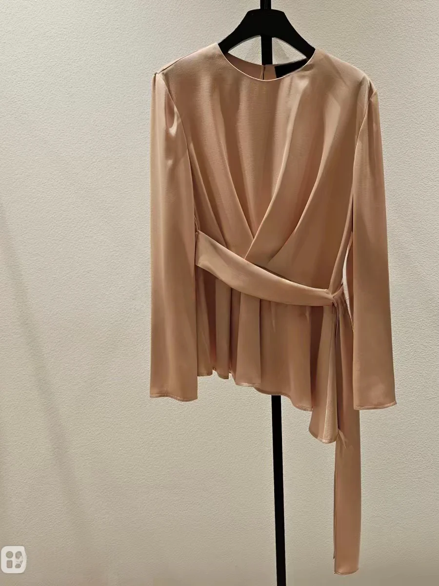 

Elegant Korean Style Shirt Women's Slim Fit Satin Waist Cinched Blouse Casual Loose Long Sleeve mid Length Casual Wear