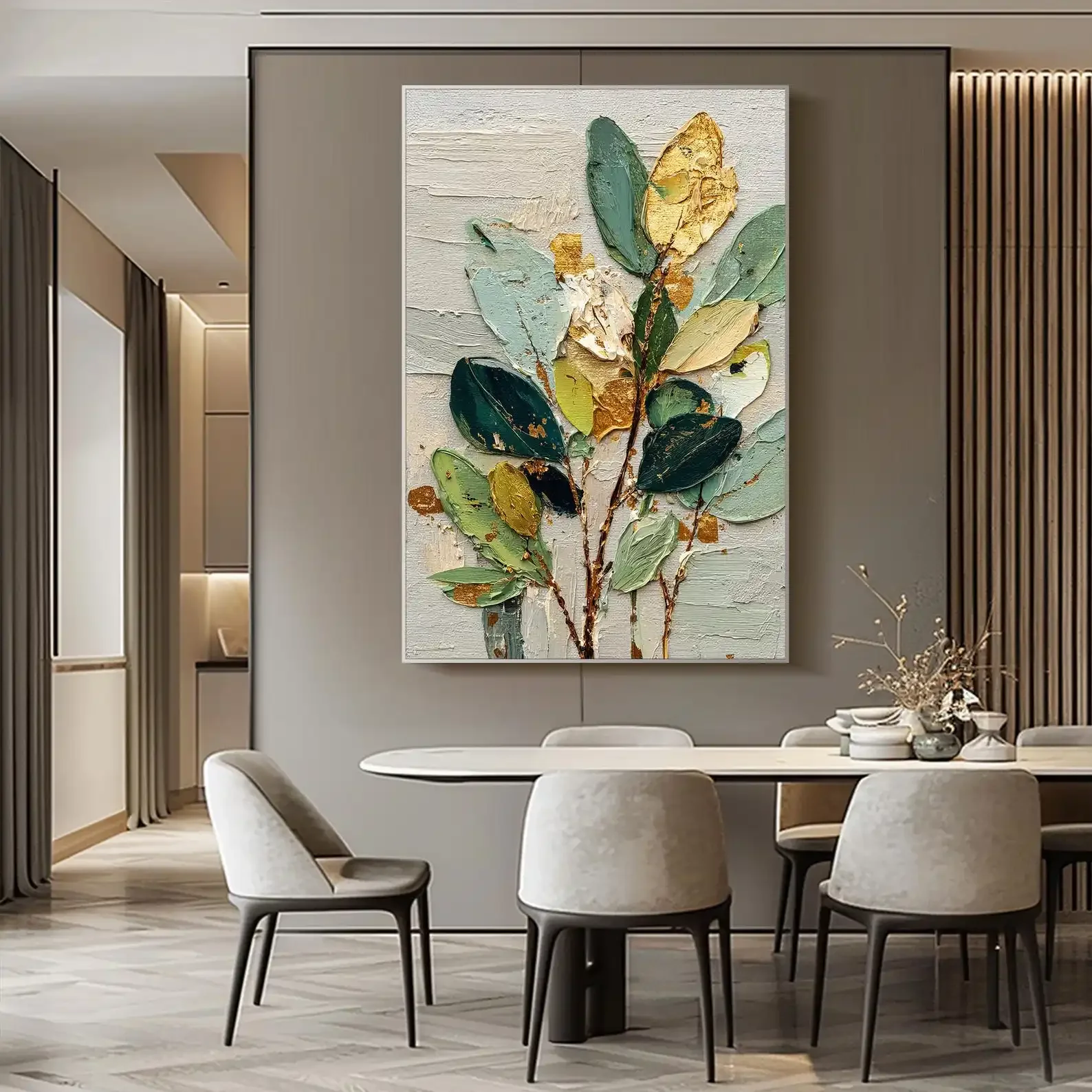 Frameless Canvas Painting Mhemyo Textured Wall Art Green Gold Leaf Oil Painting On Canvas Modern Botanical Handmade Painting Nat