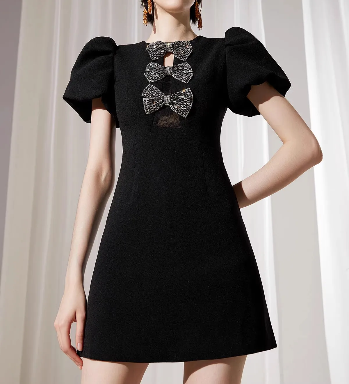 Zwarte vintage jurk dames met grote strik bladerdeeg mouw hoog getailleerde elegante vestidos bodycon streetwear chique doek dame zomer