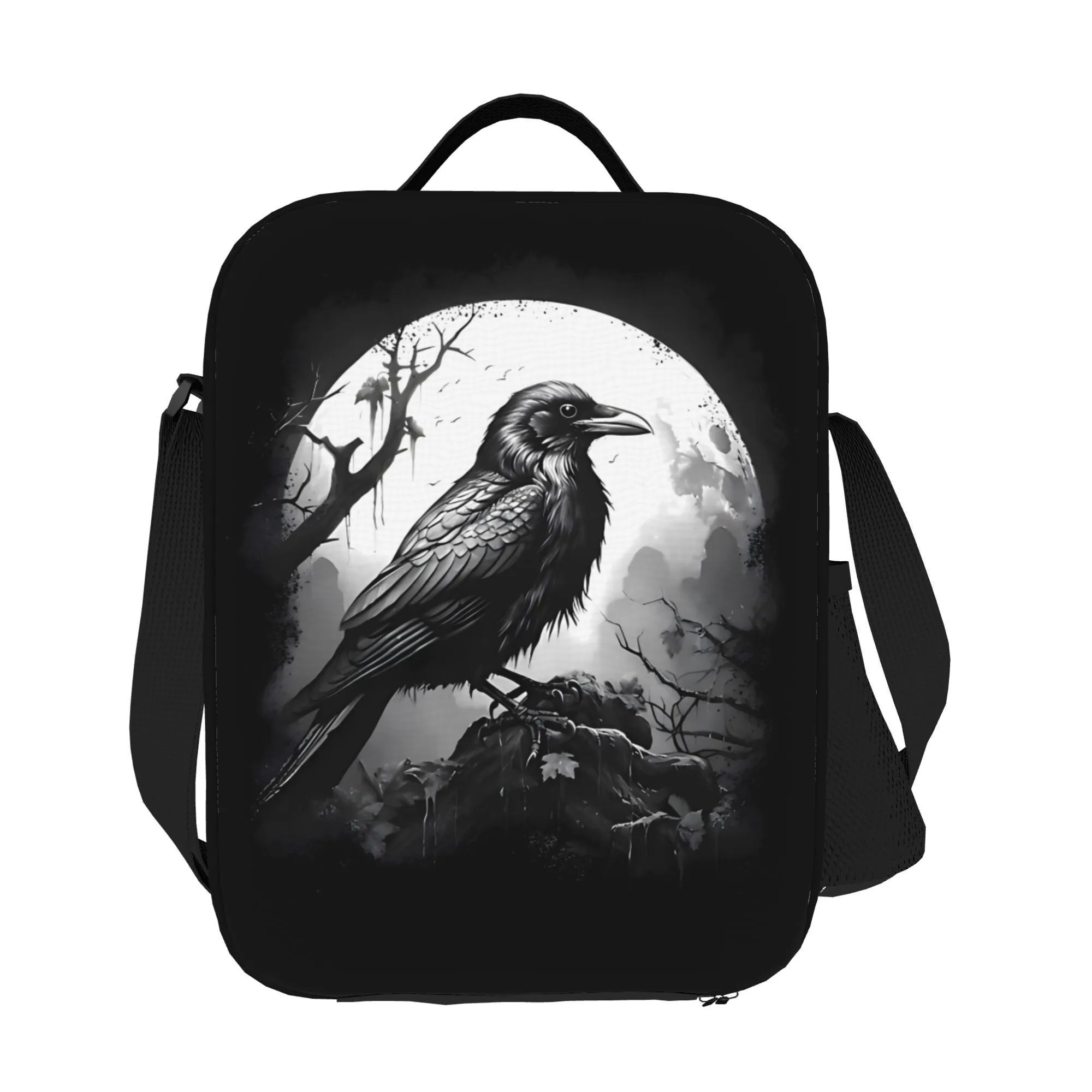 Raven Moon Print Portable Lunch Bag 600D Oxford Fabric Insulated for Picnic Office Travel
