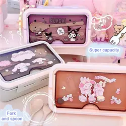 Sanrio Kuromi Cartoon Plastic Lunch Box Hellokitty Cinnamoroll With Handheld Multi-compartment Child Lunch Box Fast Food Box