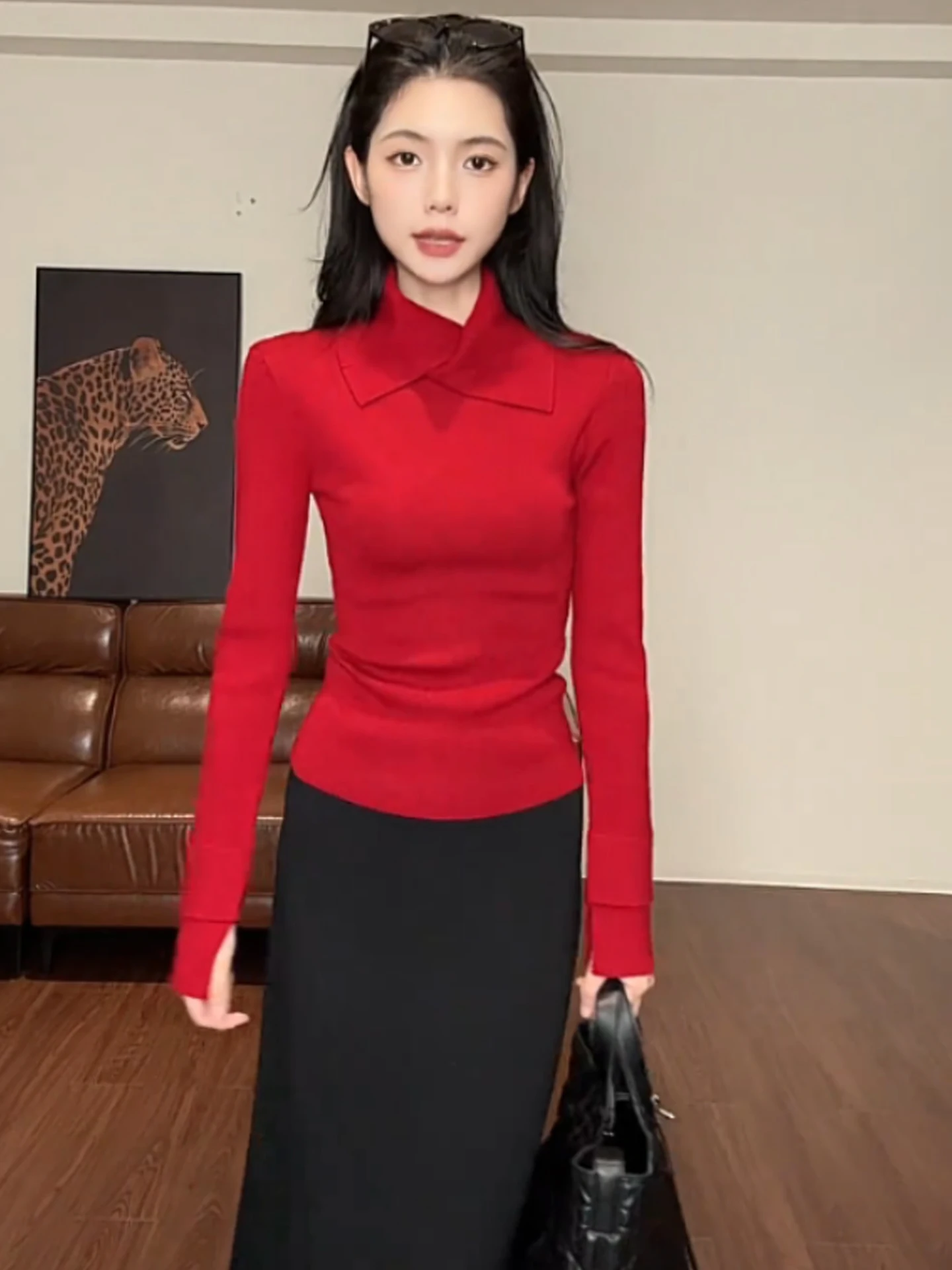 

Comfortable Red Long Sve Knitted Base irt Women's Sle Autumn Winter Slimming Top Commute Faion Korean Version