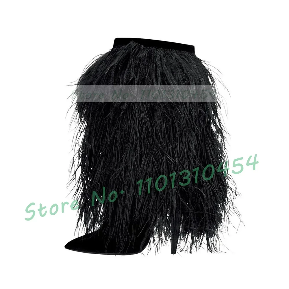 Black Feather Pointy Mid Calf Boots Women Sexy High Heels Flock Flowing Party Shoes Ladies Chic Slip On Newest Fahion Boots
