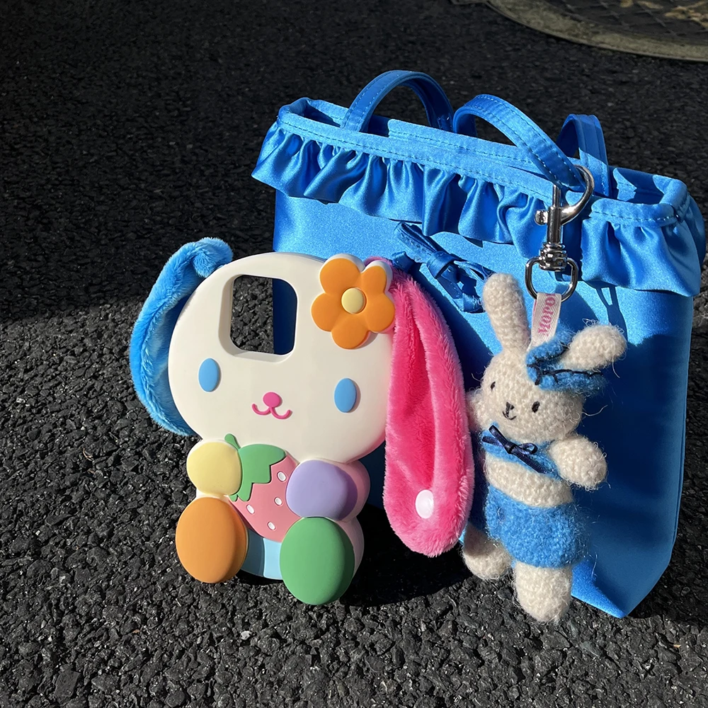 Japan Ins Rainbow Bunny Rabbit Weiche Silikonhülle für iPhone 16 15 14 13 12 Pro Max 3D Cartoon stoßfeste Abdeckung mit Riemenohr – Detail 1