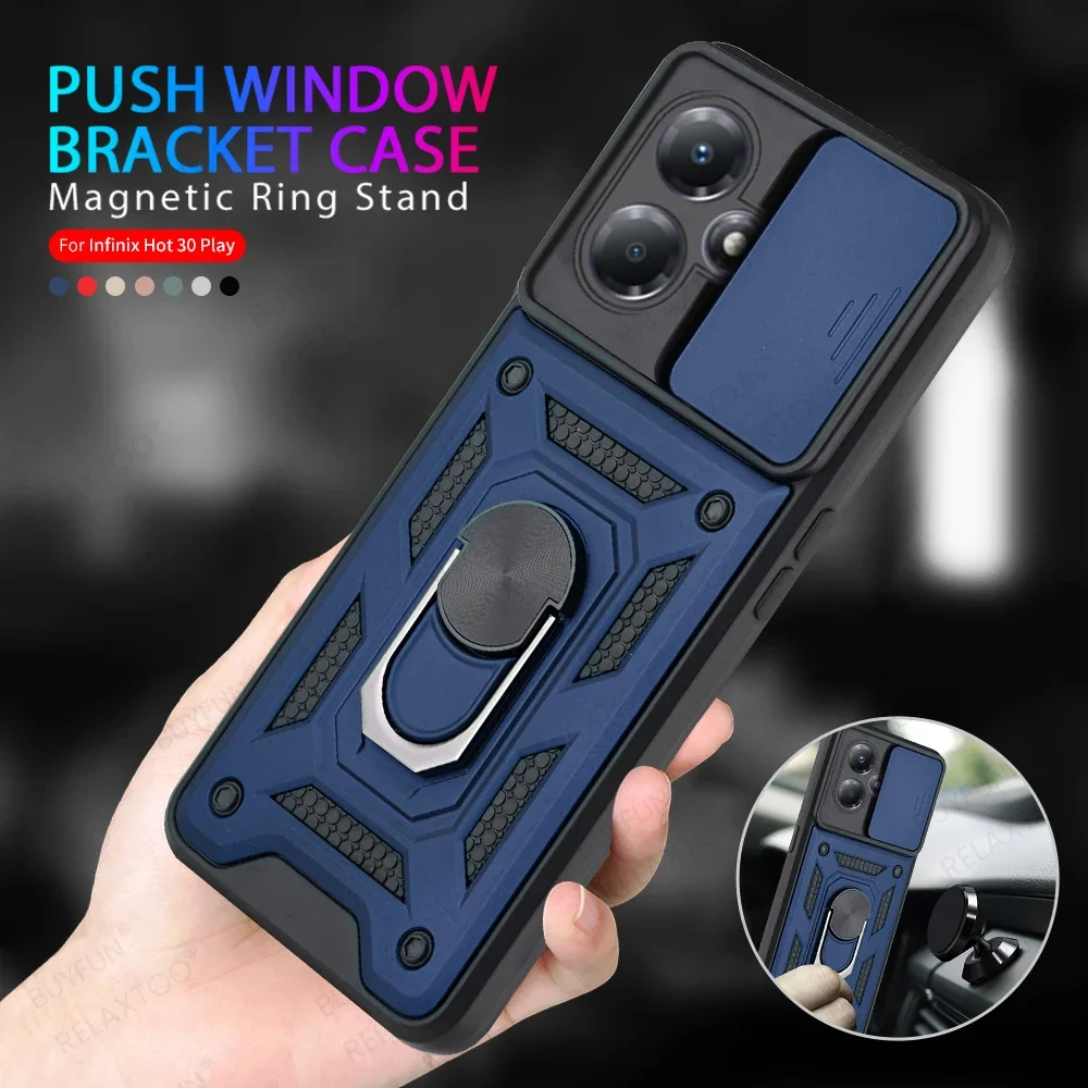 Hot30 Play Case Ring Holder Push Window Armor Cover For Infinix Hot 30 Play Hot30Play NFC Soft Shockproof Bumper Shell 6.82Inch