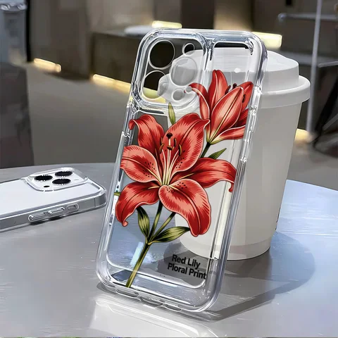 Прозрачный чехол для телефона с цветочным принтом «Красная лилия» для Samsung A56 5G A36 S26 S25 Ultra S24 FE S23 S22 A55 A54 A35 A17 A16 A15 A26