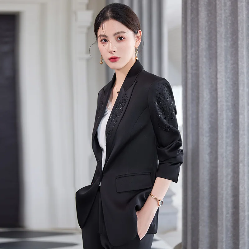 White Acetate Chiffon Small Suit Outfit Women2024Early Spring Fashion Slim Fit Business Two-Piece Suit Women's Top