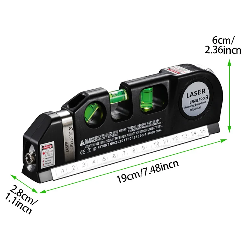 Multipurpose Laser Level Horizon Vertical Measure Line Laser Leveler Tool With 8in Imperial Measure Tape and Metric Rulers