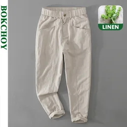 Spring Summer New Linen Casual Cargo Pants for Men Casual Drawstring Thin Big Pocket Trousers Streetwear Men FY7102