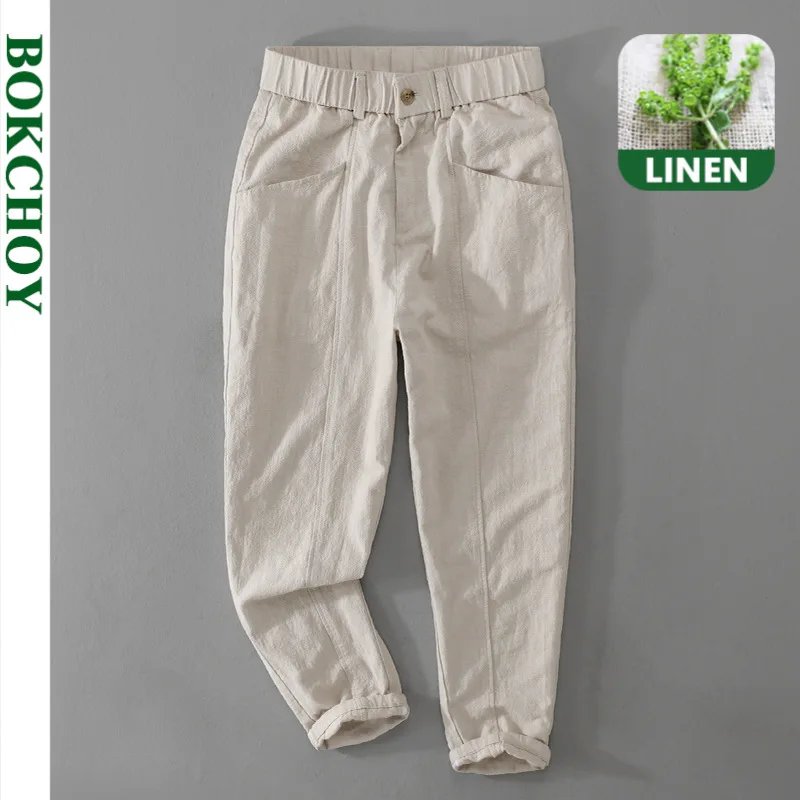 Wiosna lato nowe lniane spodnie Cargo na co dzień dla mężczyzn Casual sznurkiem cienkie spodnie z dużą kieszenią Streetwear mężczyźni FY7102