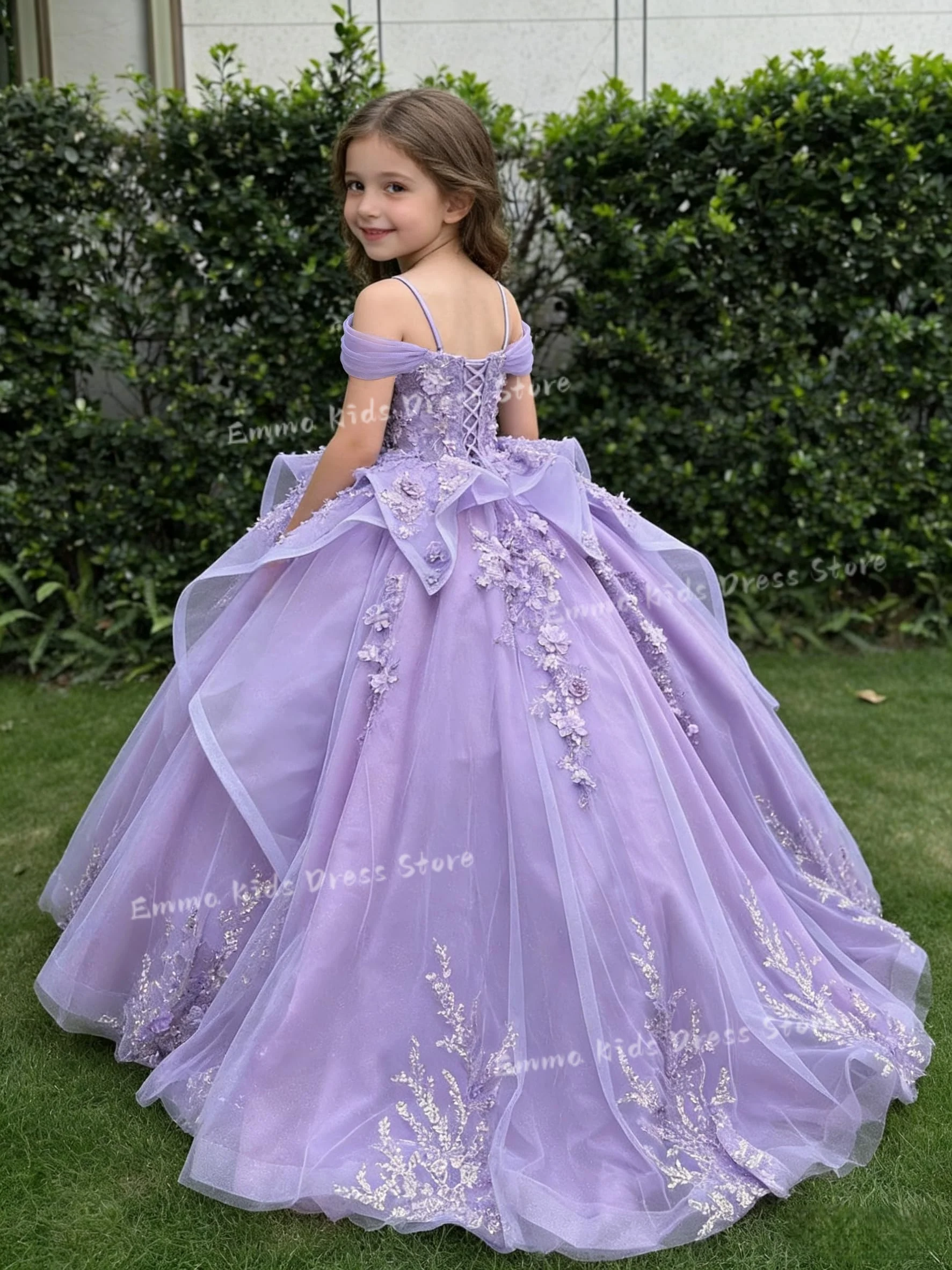 Custom flower girl dress with 3D flowers, ruffled edges, crystal flower girl pageant dress, layered lace applique, First Communi