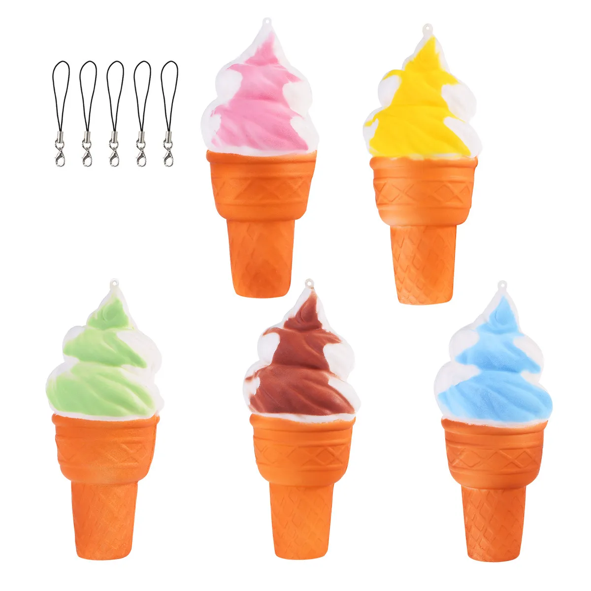 5Pcs Realistic Ice Cream Squeeze Charms PU Stress Relief Pendant Decor for Phone Keychain Handbag Kids Adults Elastic Soft Touch