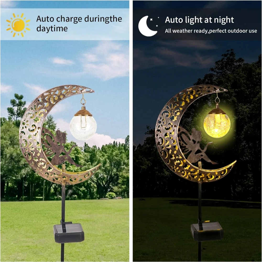 Garden Solar Lights Outdoor Decorative Moon Solar Lights with Fairy Outdoor Metal Crackle Glass Globe Stake Garden Decor