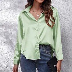 Women's Shirt Fashion Satin Faux Silk Long Sleeved Shirt Blouse Elegant Solid Colour V Neck Button Commuter Blouse Shirt