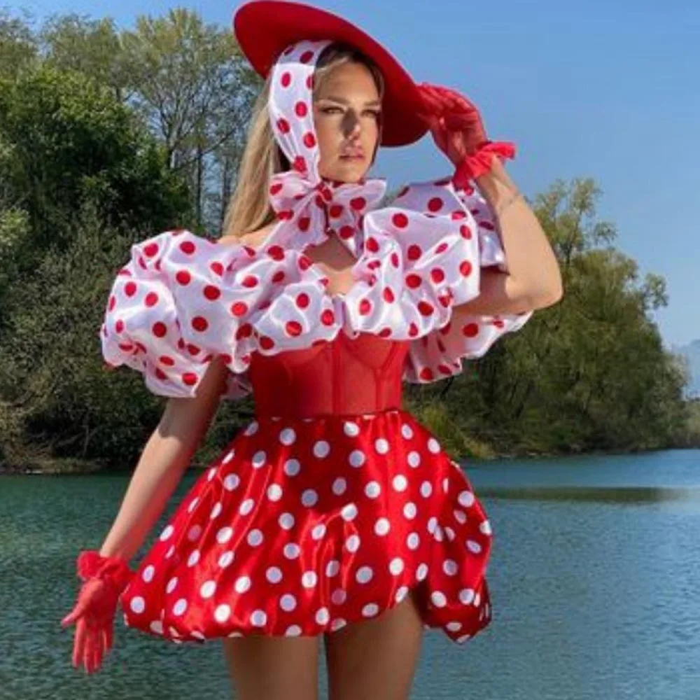 

Off Shoulder Mini Party Dress With Dot A-line Mini Women Clothing Custom Made Casual Red Satin Dress With Point See Through