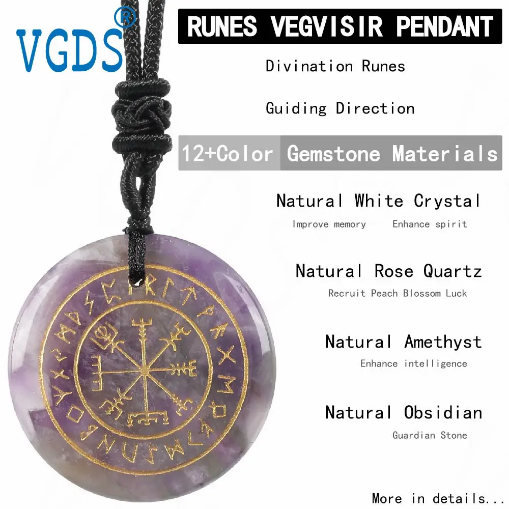 Natural Crystal Quartz Mysterious Nordic Goethe Futhark Runes Viking Compass Vegvisir Reiki Energy Pendant Necklace For Jewelry