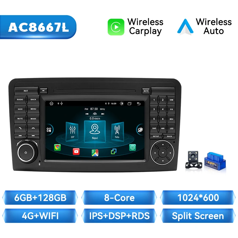 8G + 128G Draadloze Carplay Android 14 Autoradio Multimedia Voor Benz Ml 320/350/W164(2005-2012) Gl Dsp Navigatie 4G Wifi Head Unit