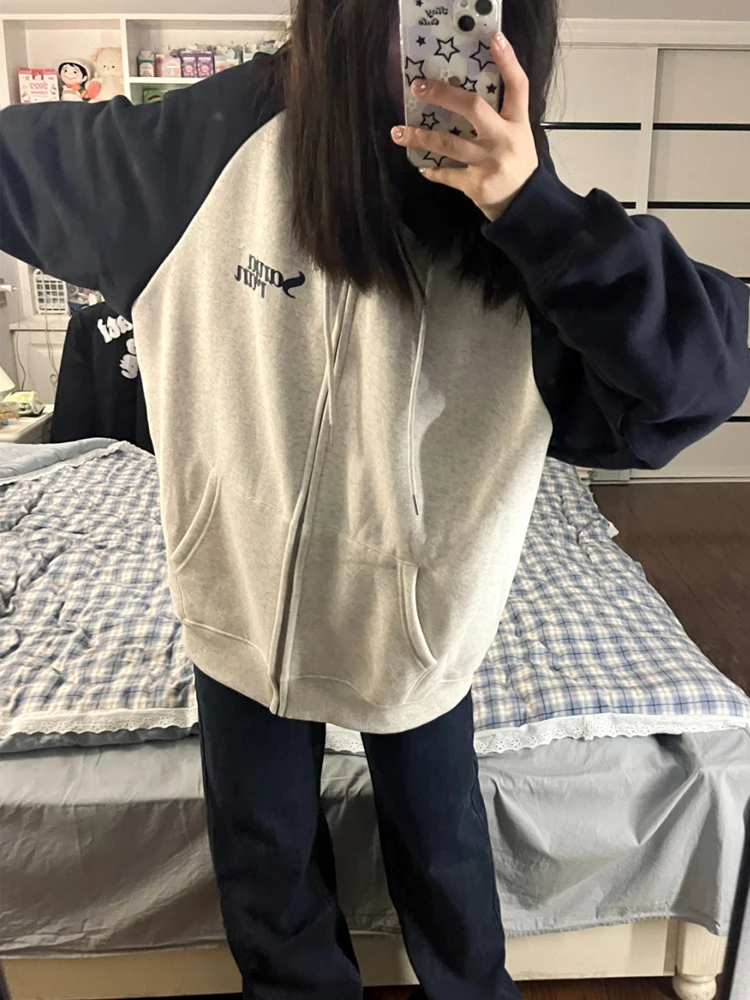 Oversized Hoodies Women Korean Style Hooded Sweatshirt Ladies Harajuku Zip Up Hoodie Female Vintage Kpop Pocket Coats Streetwear