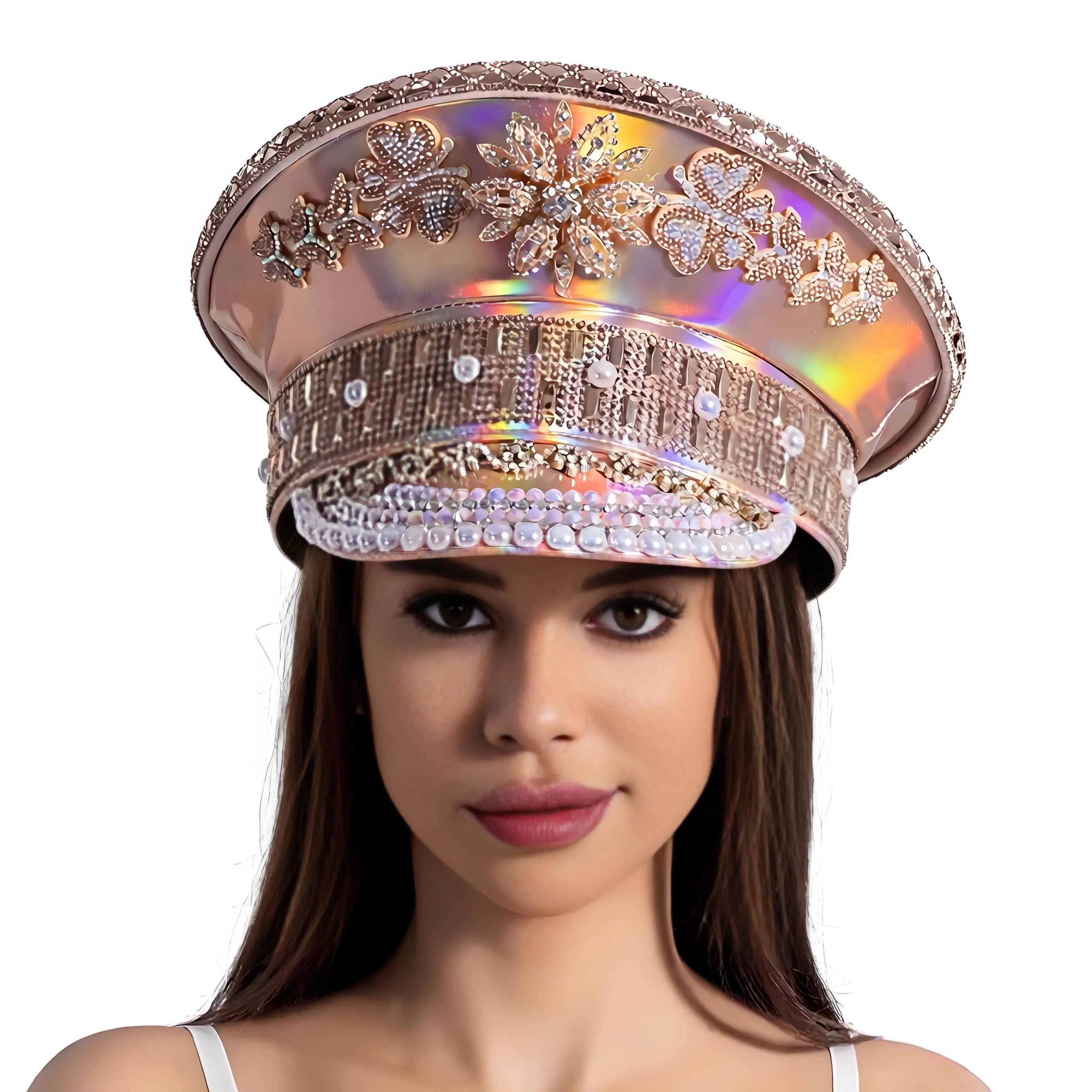 

Women Navy Hat with Embedded Diamonds Party Cap Spring Summer Sun Hat DIY Ball Cap Luxurious Metallic Luster Navy Cap Party Hat