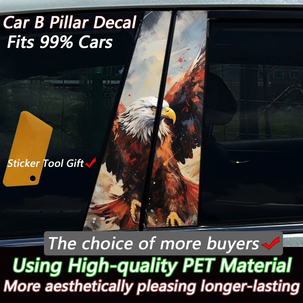 2PCS Cool Artistic Oil Painting Eagle Car B-Pillar Sticker, High Quality PET Decal, Durable Aesthetic Decor for Most Vehicles