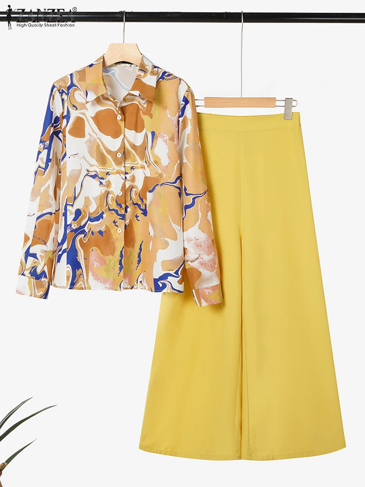 ZANZEA エレガント オフィスレディ パンツセット 2025 秋 長袖 プリントシャツ ワイドレッグパンツ ファッション ツーピース outfits カジュアル 2PCS
