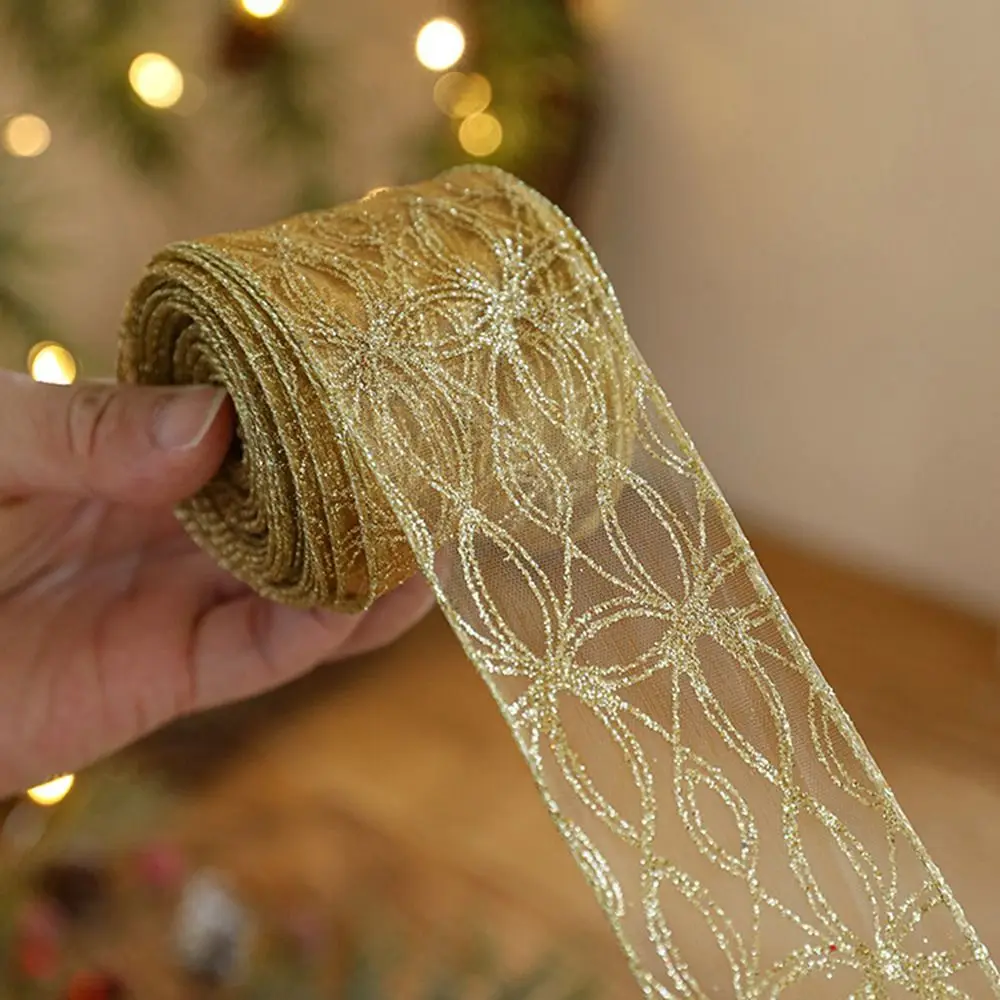 Gold Wire Edge Christmas Ribbon Weaving Mesh Yarn Wrapping Christmas Tree Ribbon Classic Xmas Bows Fabric Craft Ribbon
