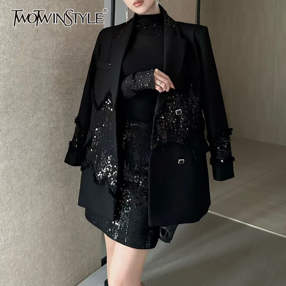 TWOTWINSTYLE Black Spliced Sequins Two Piece Set Female Lapel Long Sleeve Jacket Elegant Temperament Women's Skirt Set Fashion