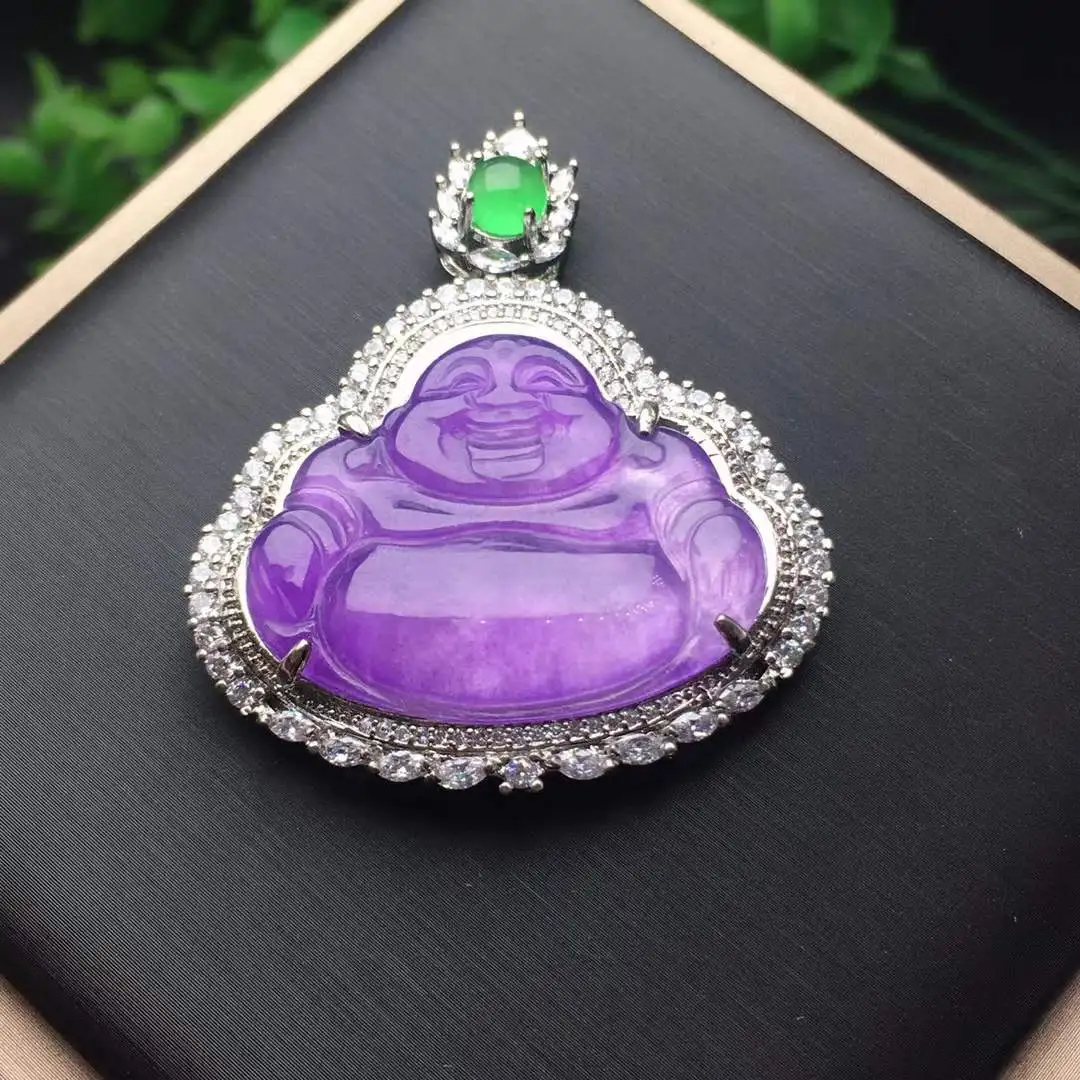 Ice Violet Incrustados Buda Natural Jadeite Mão-esculpida Jade Exquisite Refinado Pingente Colar Cadeia Fine Jewelry