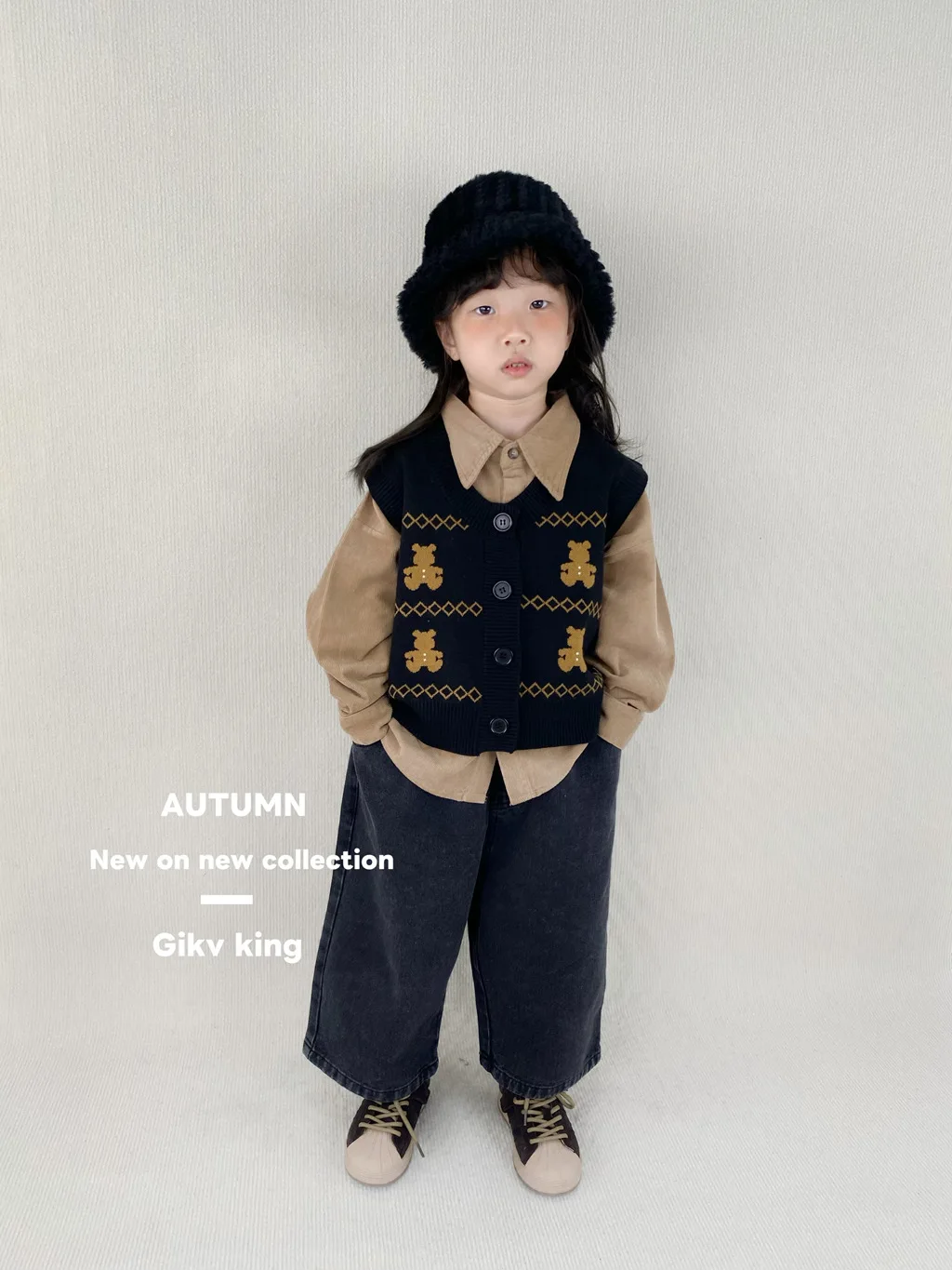 2025 Autumn New Children Sleeveless Knitted Vest Cotton Boys Girls Cute Bear V-neck Sweater Cardigan Kids Casual Knitwear