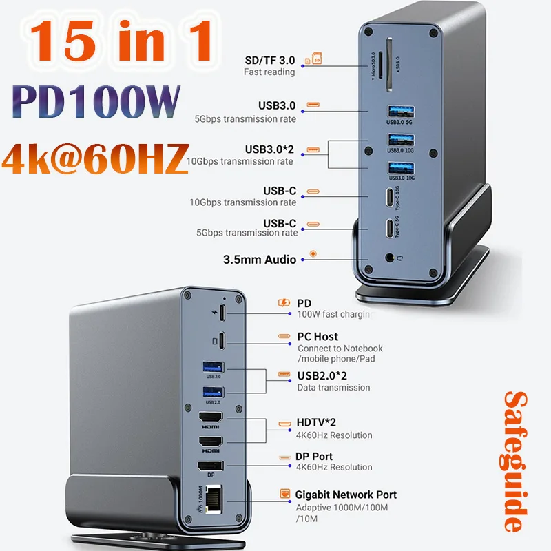 

Док-станция 15 в 1 USB C Концентратор USB C Концентратор типа C Двойной адаптер HDMI Разветвитель USB 3.0 10 Гбит/с 4K60 Гц/RJ45 1000M/USB3.0/PD100W