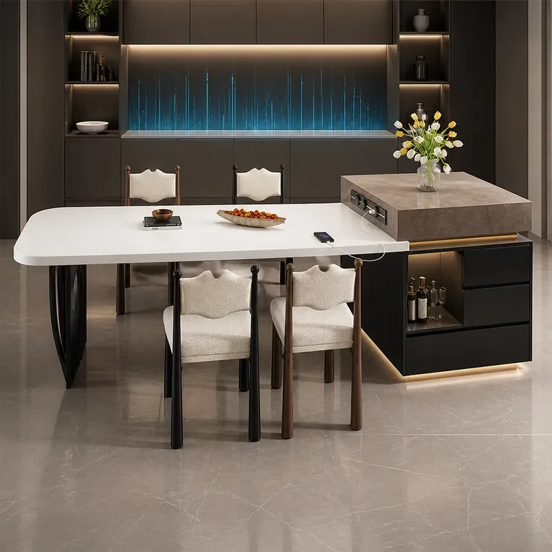 Integrated Kitchen Island Table with Rock Slab Top and Storage Cabinet for Small Apartment Open Kitchen Bar Counter
