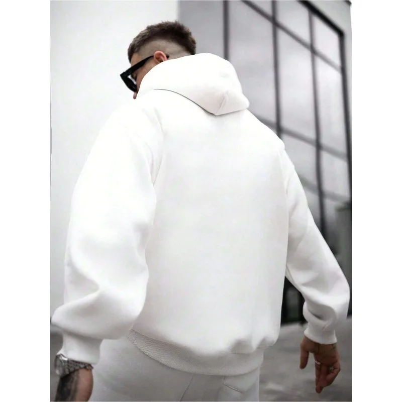 Men's casual hoodie, polyester fiber, solid color, loose fit, pockets and slightly elastic fabric