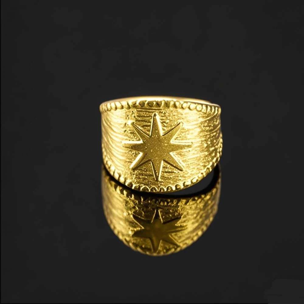 14K Gold Plated Compass Pattern Open Rings Stainless Steel Trendy Wedding Couple Rings for Women Mother Jewelry Birthday Gift