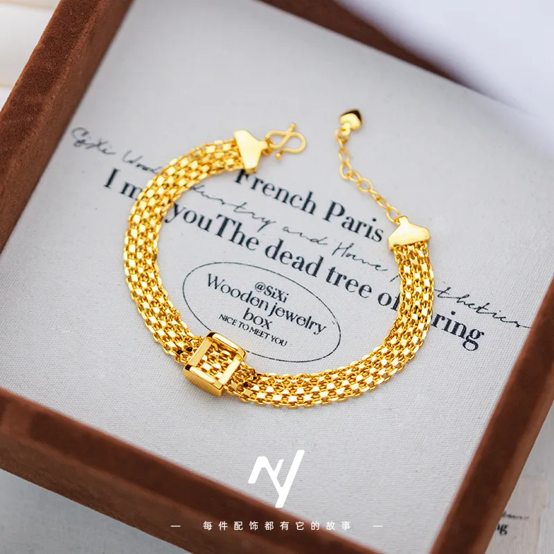 24k 9999Gold Light LuxuryvintageWoven square bracelet for women, vintage high-end satin bracelet