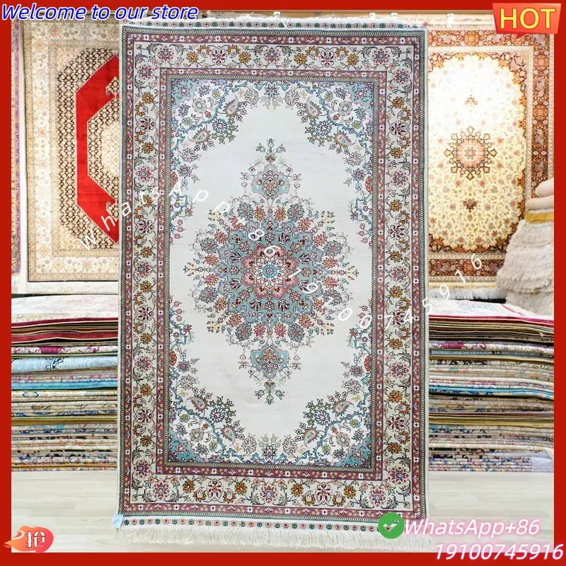 CECertificate 91x152cm Vintage Persian Design Handmade Hand-Knotted Silk Carpet Floral Pattern Stain Resistant